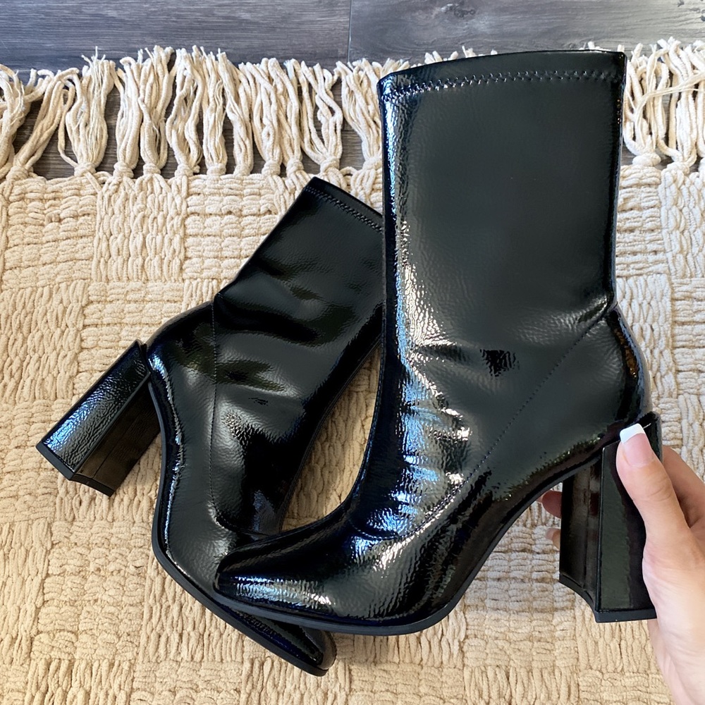 Black Square Toe Mid Calf Block Heel Ankle Bootie